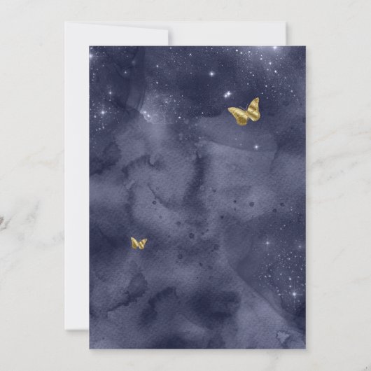 Navy Blue Gold Luxus Butterfly Quinceanera Einladung (Rückseite)