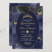 Navy Blue Gold Luxus Butterfly Quinceanera Einladung (Vorne/Hinten)