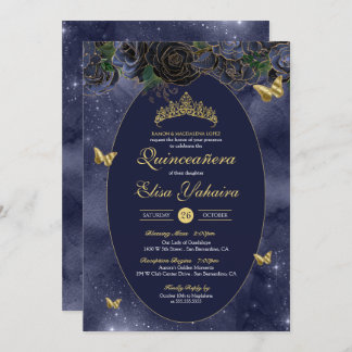 Navy Blue Gold Luxus Butterfly Quinceanera Einladung