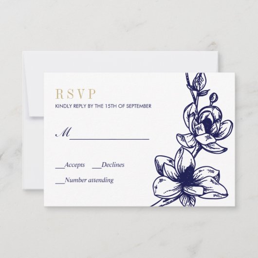 Navy Blue Gold Magnolia Blume Bloom Wedding RSVP (Vorderseite)