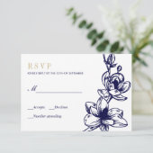 Navy Blue Gold Magnolia Blume Bloom Wedding RSVP (Stehend Vorderseite)