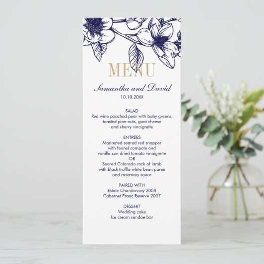 Navy Blue Gold Magnolia Blume Hochzeitsessen Einladung (Stehend Vorderseite)