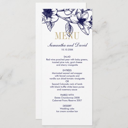 Navy Blue Gold Magnolia Blume Hochzeitsessen Einladung (Vorne/Hinten)