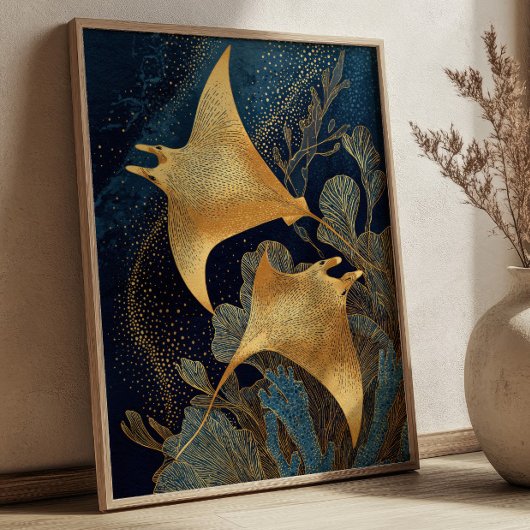 Navy Blue& Gold Manta Rays Elegant Kintsugi Art Poster