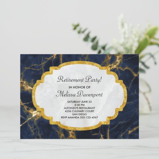 Navy Blue & Gold Marble Moderne stilvolle Pension Einladung (Stehend Vorderseite)