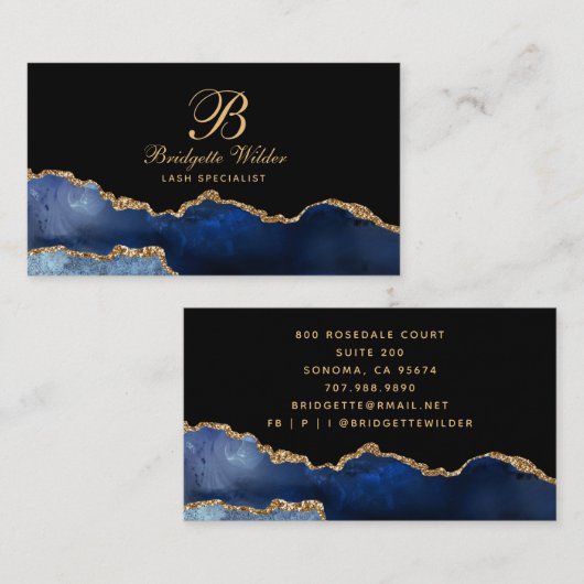 Navy Blue Gold Marmor Agate Lash Spezialist Visitenkarte (Vorne/Hinten)