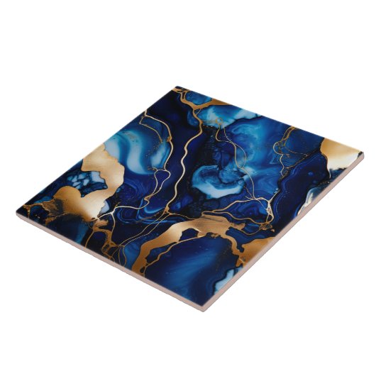 Navy Blue Gold Marmor Alkohol Tinte Abstrakt Fliese (Seite)