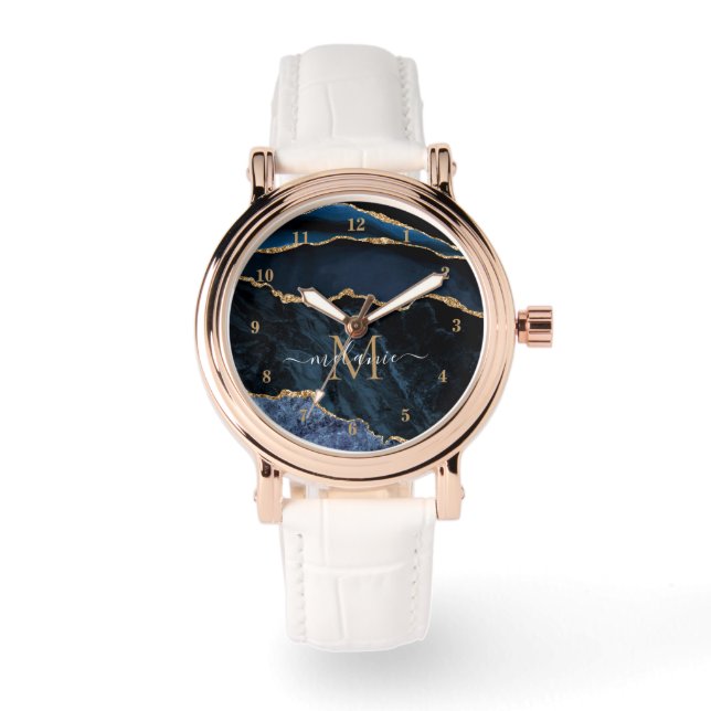 Navy Blue Gold Marmor Benutzerdefiniert Name Watch Armbanduhr (Vorderseite)
