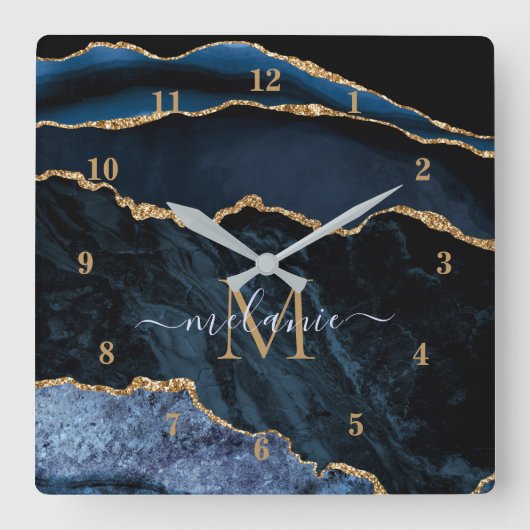 Navy Blue Gold Marmor benutzerdefinierte Buchstabe Quadratische Wanduhr (Vorderseite)