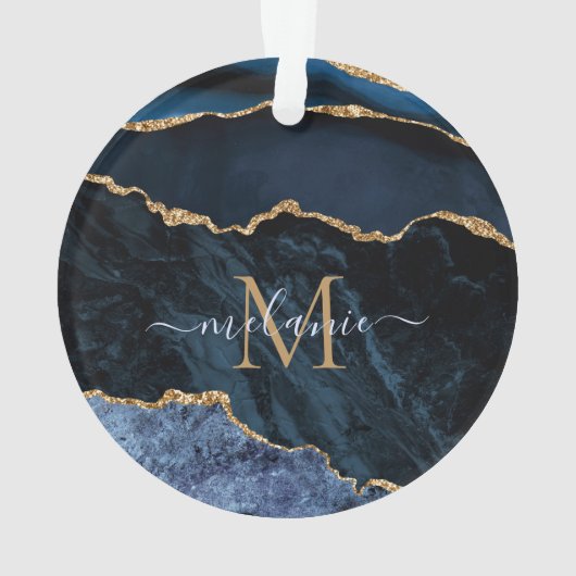 Navy Blue Gold Marmor Custom Letter Name Ornament (Rückseite)
