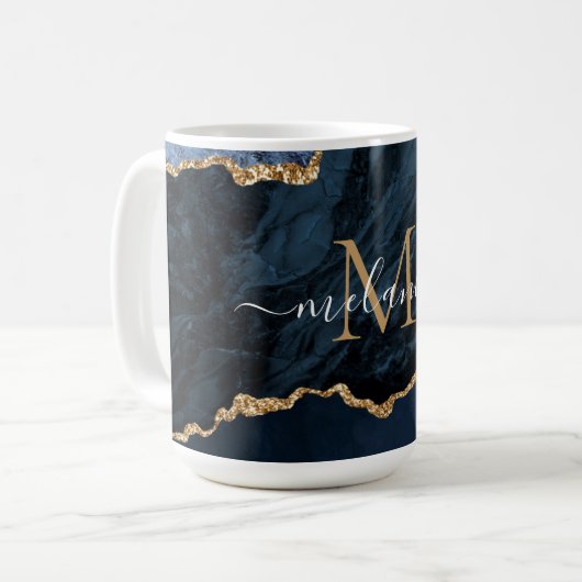 Navy Blue Gold Marmor Ihr Letter Name Coffee Tasse (Vorderseite Links)