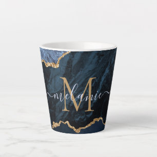 Navy Blue Gold Marmor Ihr Letter Name Latte Tasse