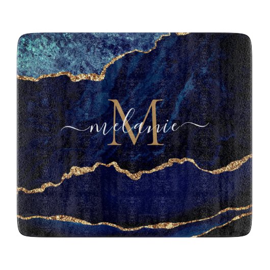 Navy Blue Gold Marmor Ihr Name Cutting Board Schneidebrett (Vorderseite)