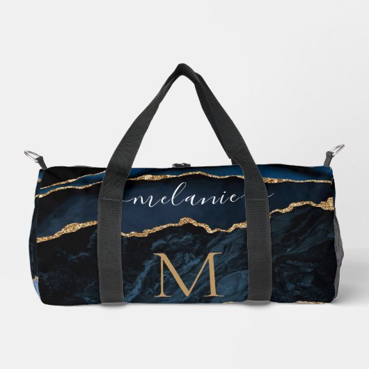 Navy Blue Gold Marmor Monogram Custom Your Name Duffle Bag (Vorderseite)