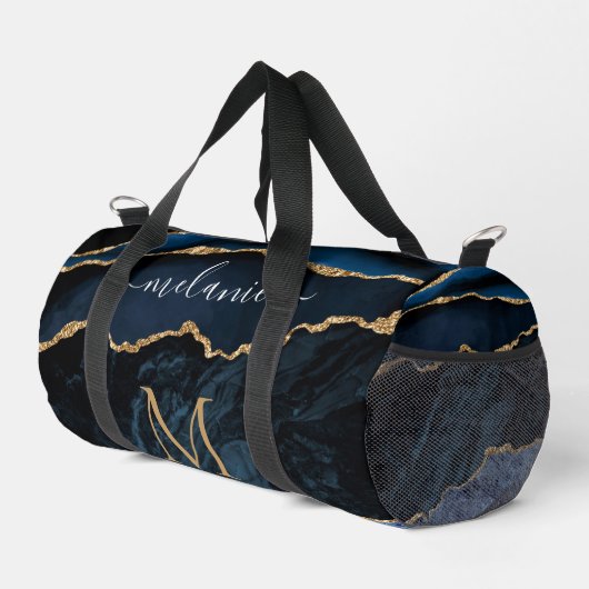Navy Blue Gold Marmor Monogram Custom Your Name Duffle Bag (Rechte Ecke)