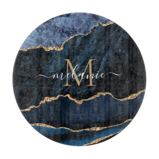 Navy Blue Gold Marmor Monogram Name Cutting Board Schneidebrett (Vorderseite)