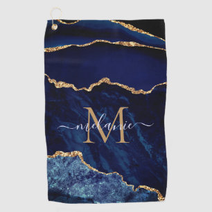 Navy Blue Gold Marmor Monogram Name Golf Handtuch