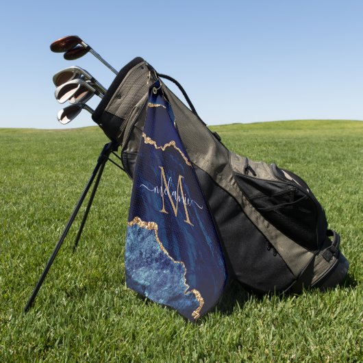 Navy Blue Gold Marmor Monogram Name Golf Handtuch (Gras)