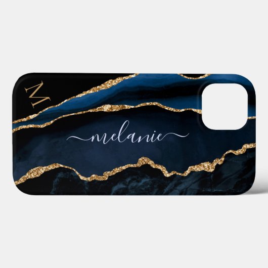 Navy Blue Gold Marmor Monogram Name iPhone Case (Rückseite (Horizontal))