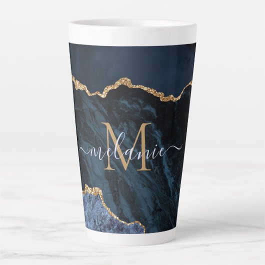 Navy Blue Gold Marmor Monogram Name Latte Tasse (Vorderseite)