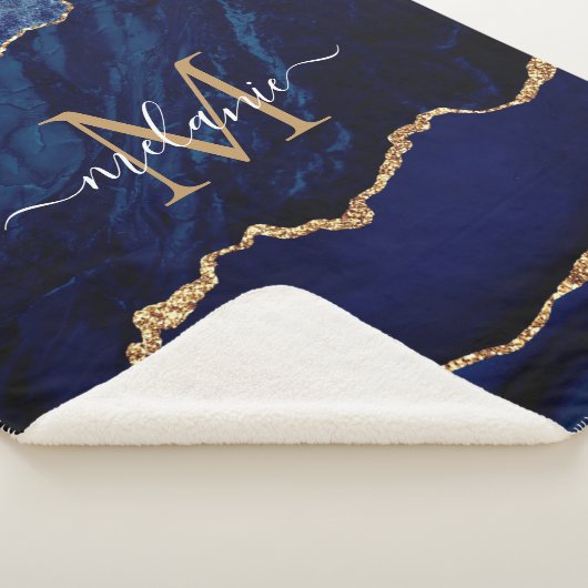 Navy Blue Gold Marmor Monogram Name Sherpa Blanket Sherpadecke (3/4)