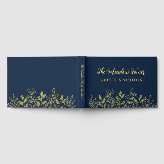 Navy Blue Gold Meadow Blume BnB Hütte Gästebuch (Voll)