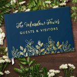 Navy Blue Gold Meadow Blume BnB Hütte Gästebuch<br><div class="desc">Navy und Gold Gästebuch für Ihre Hütte, BnB oder mehr für Ihr Gästehaus oder kleine Unternehmen mit dem Namen Ihres Bed and Breakfast in einem Goldfolie-Skript über niedlichen Wiesen-Blume. Hütte Gästebuch mit Goldfolie-Blume, ein hübsches Skript und Ihrem Firmennamen vor einem dunkelblauen Hintergrund. Blaues goldgepresstes Gästebuch für Ihre Zuhause, Verleih der...</div>