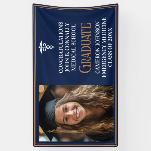 Navy Blue Gold Medical School Foto Abschluss Banner (Vertikal)