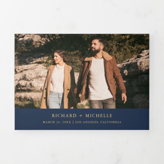 Navy Blue Gold Minimal Arch Photo QR code Wedding Dreifach Gefaltete Einladung (Cover)