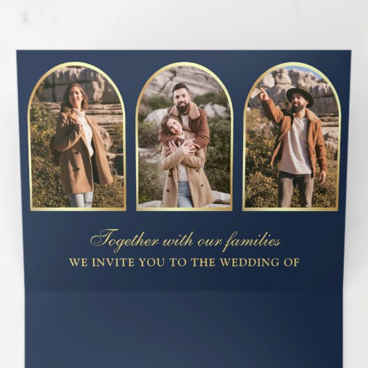 Navy Blue Gold Minimal Arch Photo QR code Wedding Dreifach Gefaltete Einladung (Innen Erste Seite)