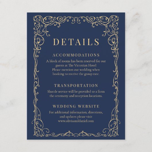 Navy Blue Gold Minimalist Wedding Details Einladung (Vorderseite)
