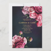 Navy Blue & Gold mit romantischen Peongs Einladung (Vorderseite)