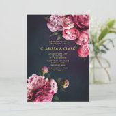 Navy Blue & Gold mit romantischen Peongs Einladung (Stehend Vorderseite)