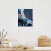 Navy Blue Gold Modern Abstract Flowers Wall Art Poster (Küche)