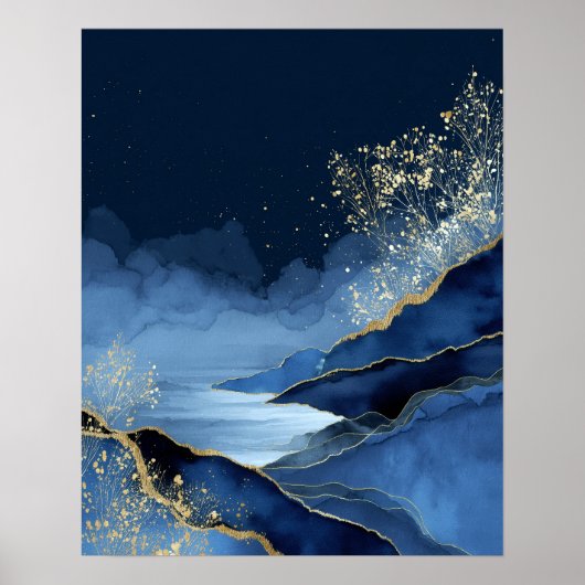 Navy Blue Gold Modern Abstract Landscape Wall Art Poster (Vorne)