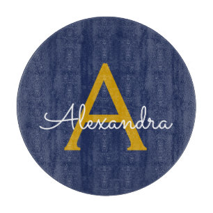Navy Blue Gold Modern Script Girl Monogram Name Schneidebrett