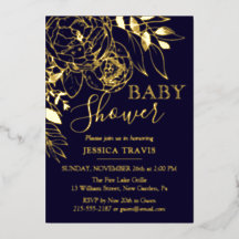 Navy Blue & Gold Moderne Blumen Baby Dusche