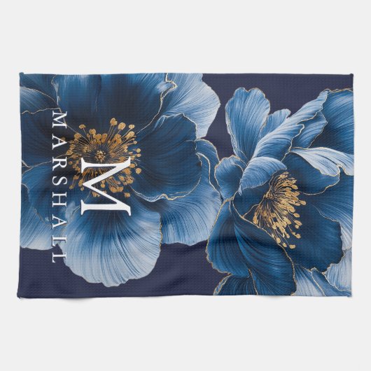 Navy Blue Gold Moderne Floral Monogram Familie Nam Geschirrtuch (Horizontal)