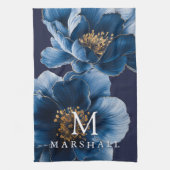 Navy Blue Gold Moderne Floral Monogram Familie Nam Geschirrtuch (Vertikal)