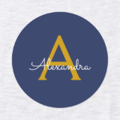 Navy Blue Gold Moderne Script Girl Monogram Name Etiketten (Design 1)