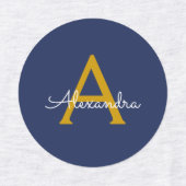 Navy Blue Gold Moderne Script Girl Monogram Name Etiketten (Design 2)