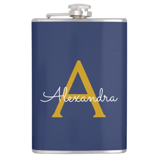 Navy Blue Gold Moderne Script Girl Monogram Name Flachmann (Vorderseite)