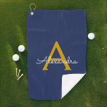 Navy Blue Gold Moderne Script Girl Monogram Name Golfhandtuch<br><div class="desc">Navy Blue und Gold Monogram Name Golf Handtuch. Das macht den perfekten 16 Geburtstag,  Hochzeit,  Brautparty,  Jubiläum,  Babydusche oder Junggeselinnen-Abschied Geschenk für jemanden,  der Lieben glamourösen Luxus und schicke Stile.</div>