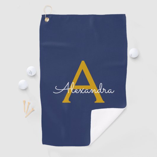 Navy Blue Gold Moderne Script Girl Monogram Name Golfhandtuch (Insitu)