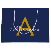 Navy Blue Gold Moderne Script Girl Monogram Name Große Geschenktüte (Vorderseite)
