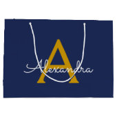 Navy Blue Gold Moderne Script Girl Monogram Name Große Geschenktüte (Rückseite)