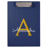 Navy Blue Gold Moderne Script Girl Monogram Name Klemmbrett (Vorderseite)