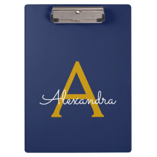 Navy Blue Gold Moderne Script Girl Monogram Name Klemmbrett