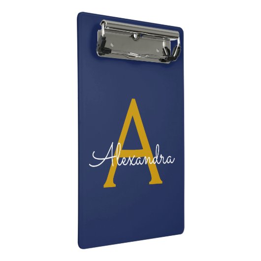 Navy Blue Gold Moderne Script Girl Monogram Name Mini Klemmbrett (Schrägansicht)