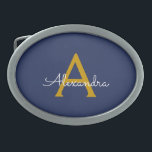 Navy Blue Gold Moderne Script Girl Monogram Name Ovale Gürtelschnalle<br><div class="desc">Navy Blau und Gold einfache Script Monogram Name Gelt Buckle. Das macht den perfekten Abschluss,  süß 16 16.,  18.,  21.,  30.,  40.,  50.,  60.,  70.,  80.,  90.,  100. Geburtstag,  Hochzeit,  Brautparty,  Jubiläum,  Babydusche oder Junggeselinnen-Abschied Geschenk für jemanden,  der Luxus und Chic Stil Lieben glänze.</div>